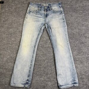 BKE Carter Jeans Mens 32R Light Wash Straight Denim Boot Cut Distressed 34x33
